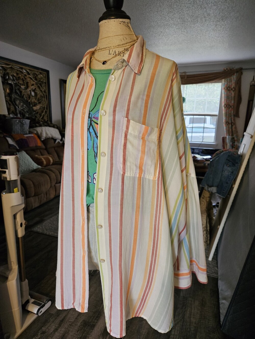 EUC American Eagle Go Big Stripe Multi Colored Button Down Shirt Sz Med.
